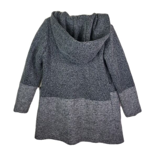 BEBE GRAY TWO TONE WOOL BLEND WRAP COAT Sz Medium Hooded Pockets Snap Button - Picture 9 of 12